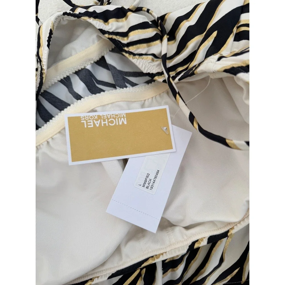 Michael Kors Zebra Metallic Gold Foil Tankini Swim Top Black White Large NEW